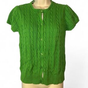 Lands end 14 large Green Cable Knit Short Sleeve Cardigan